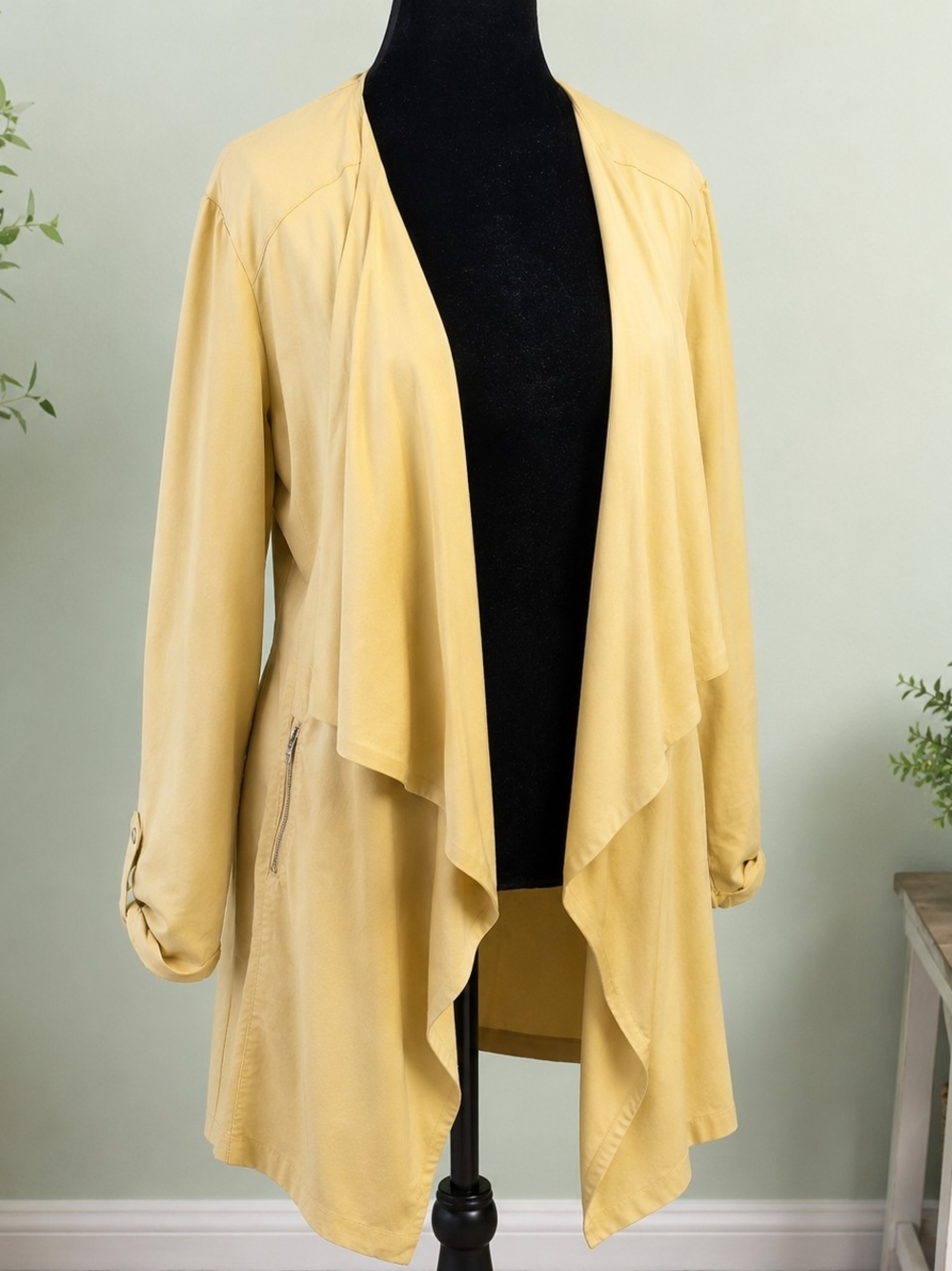 Elaine Rose 100% Tencel Drape Jacket Cardigan Medium Mustard Yellow Zip Pockets